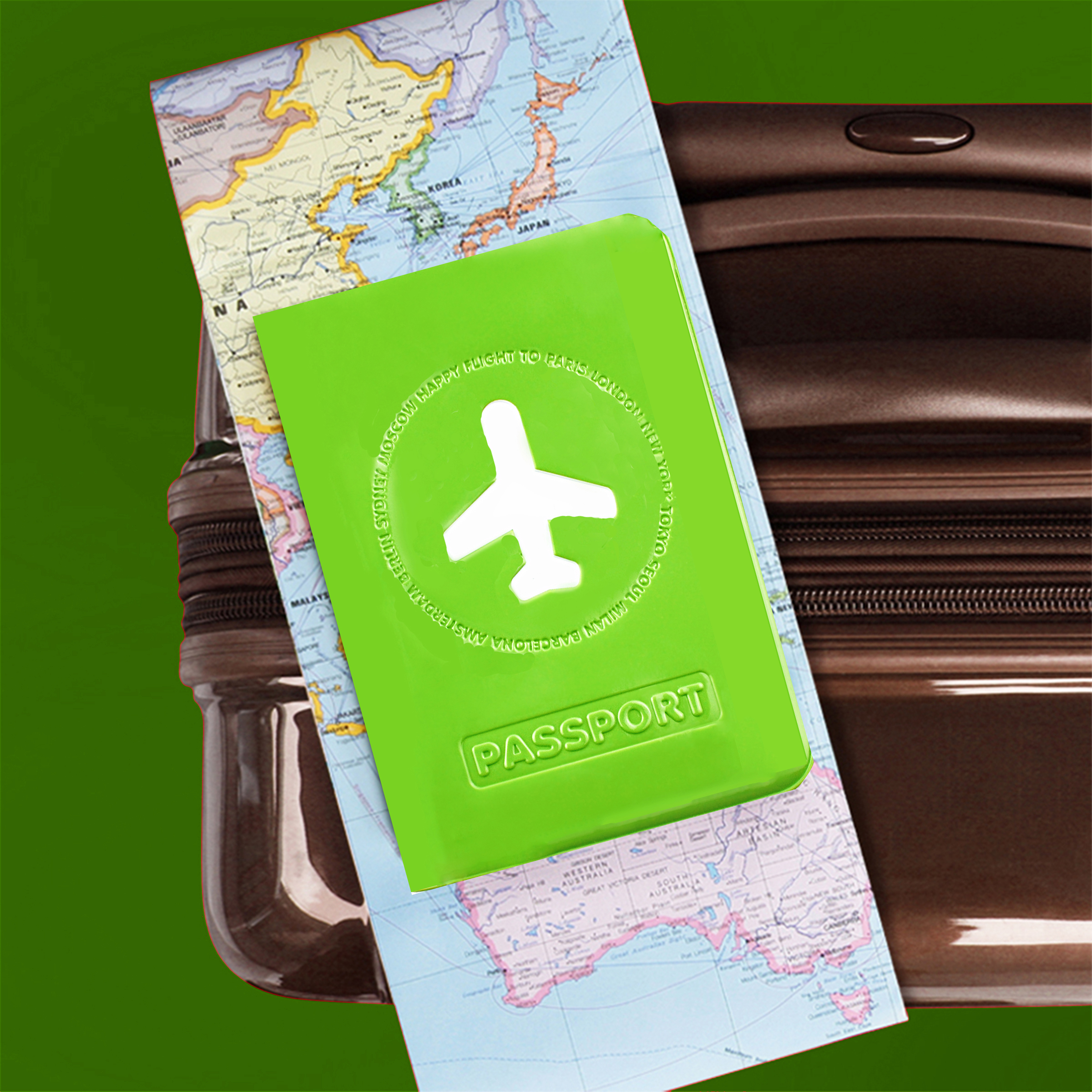 protège passeport vert pomme en simili cuir verni avec motif avion blanc