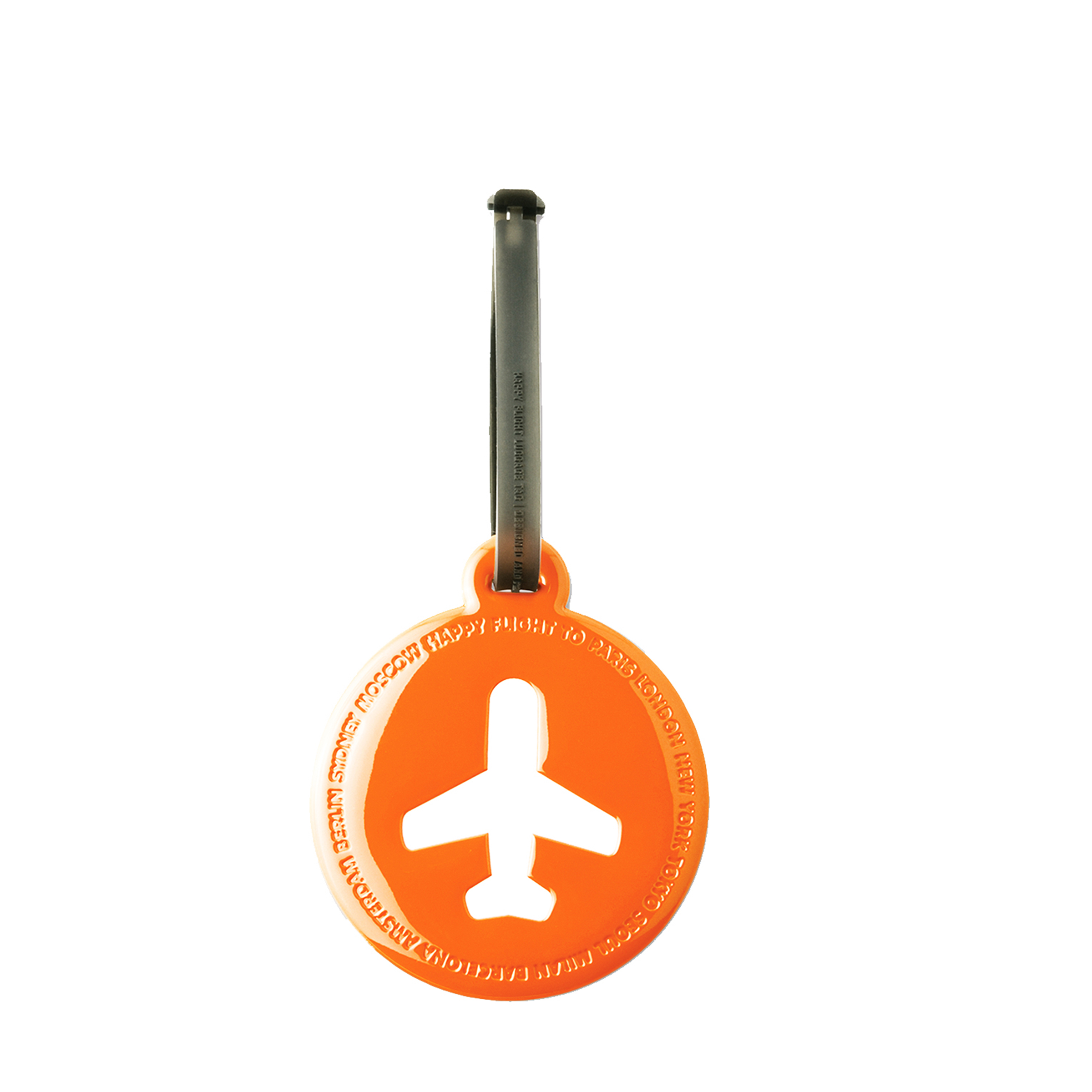 étiquette à bagage ronde en plastique brillant orange avec avion blanc