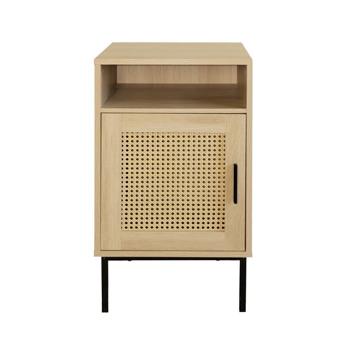 Table de Chevet en Bois avec Cannage. 69 x 40 x 40 cm. Pieds Métalliques. Compartiment Ouvert et Placard