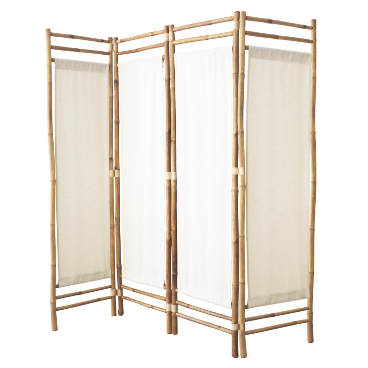 Paravent d'intérieur en tissu blanc et bambou