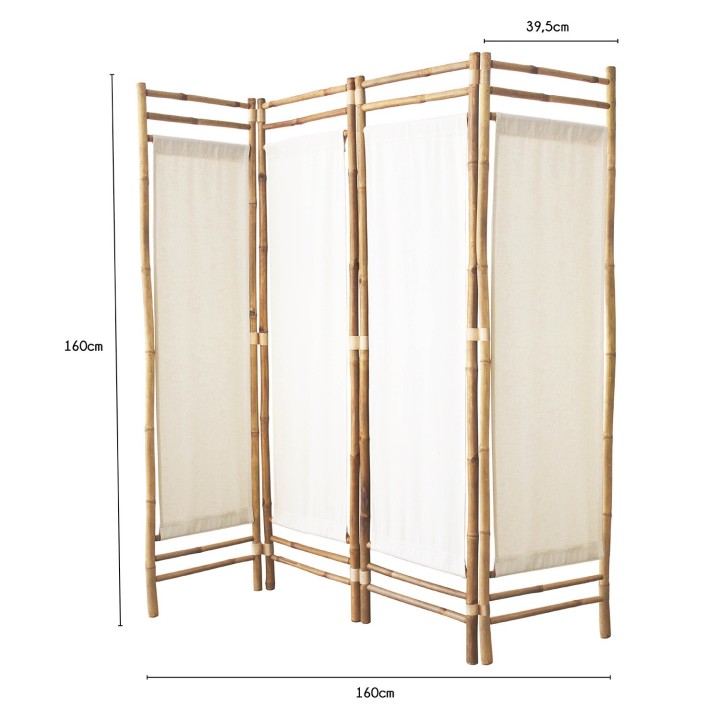 Paravent d'intérieur en tissu blanc et bambou