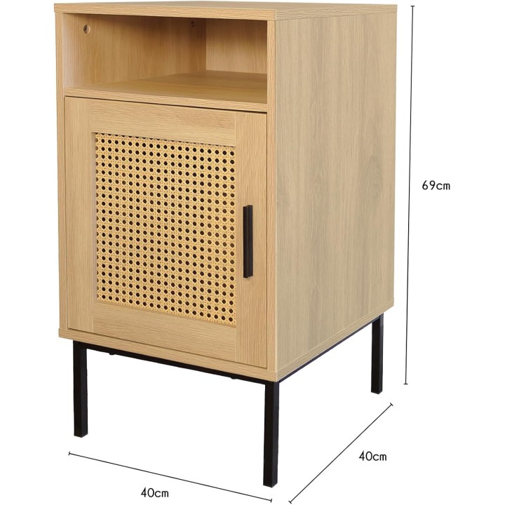 Table de chevet avec porte cannage effet bois naturel 40 x 40 x 69 cm
