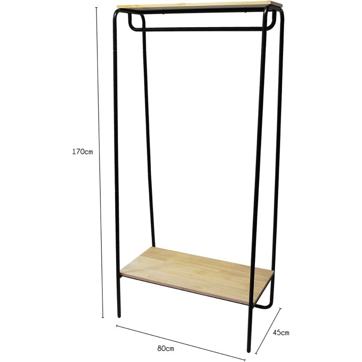 Portant à vêtements avec étagère en métal noir et bois naturel 80 x 45 x 170 cm