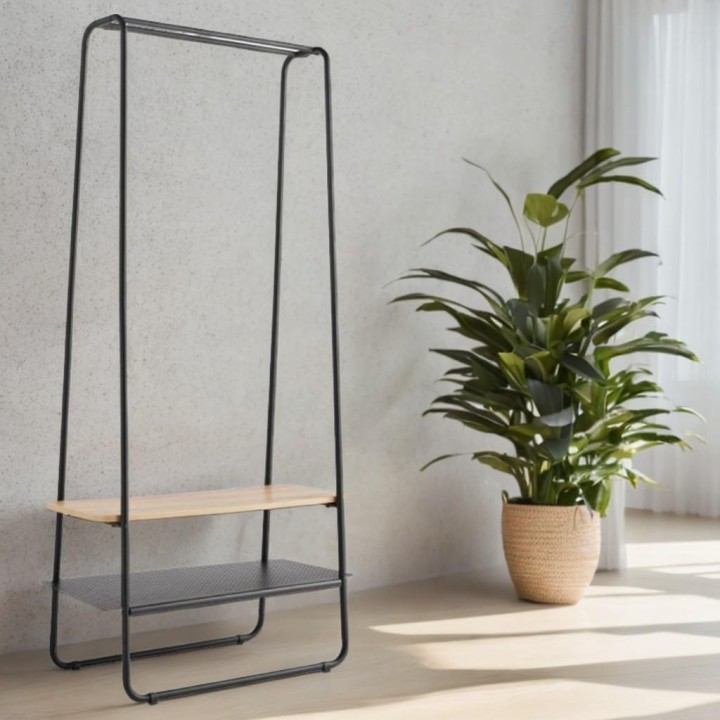 Portant à vêtements avec 2 étagères en métal noir et bois naturel 80 x 40 x 170 cm