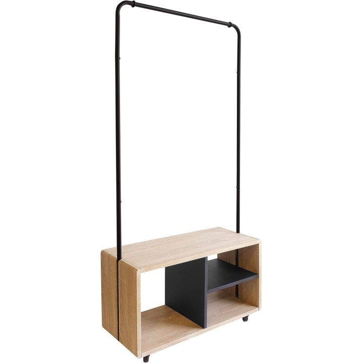 Portant à vêtements en métal noir et bois naturel avec roulettes 72 x 31 x 153 cm