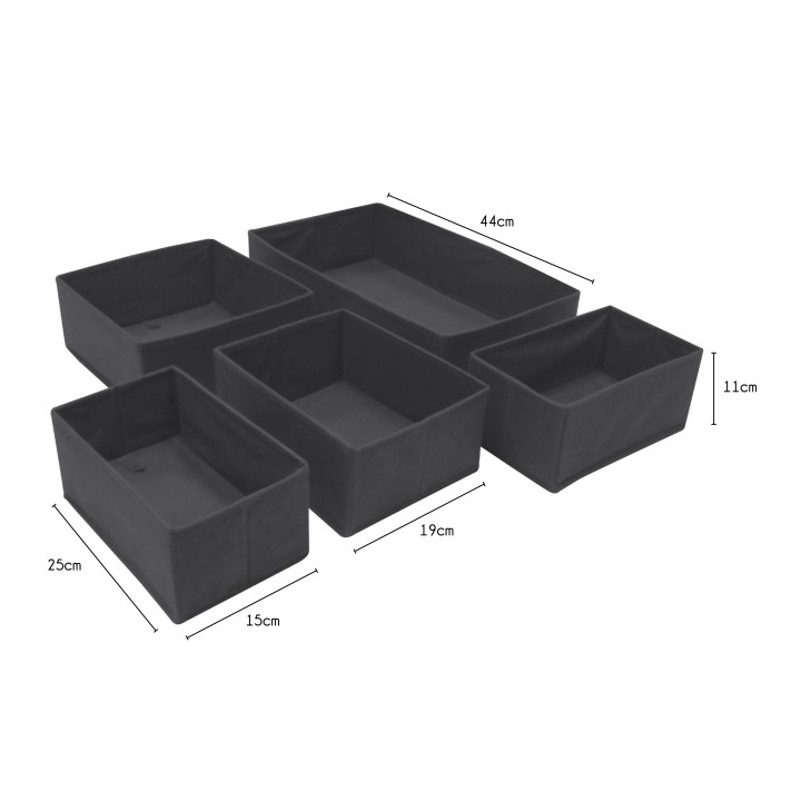 Lot de 5 organisateurs de tiroirs en tissu noir 44 x 25 x 11 cm