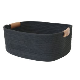 Panier rectangulaire noir avec poignées en simili cuir