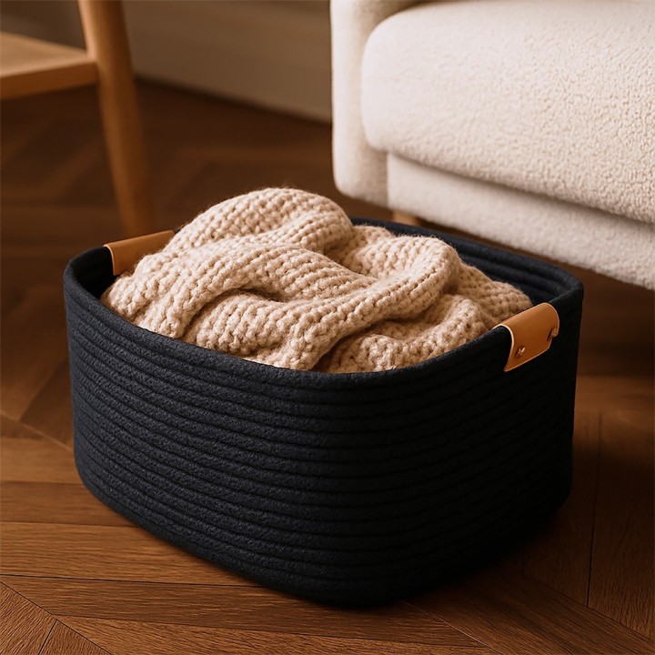Panier rectangulaire noir avec poignées en simili cuir
