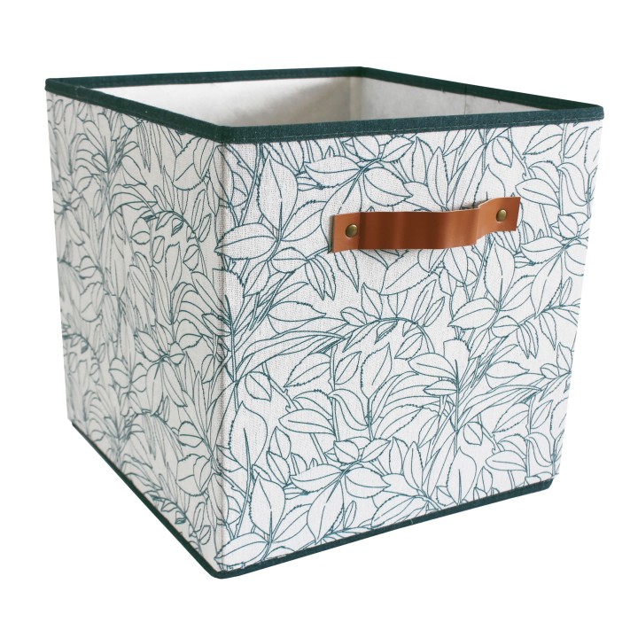 Cube de rangement en polycoton motif feuillage