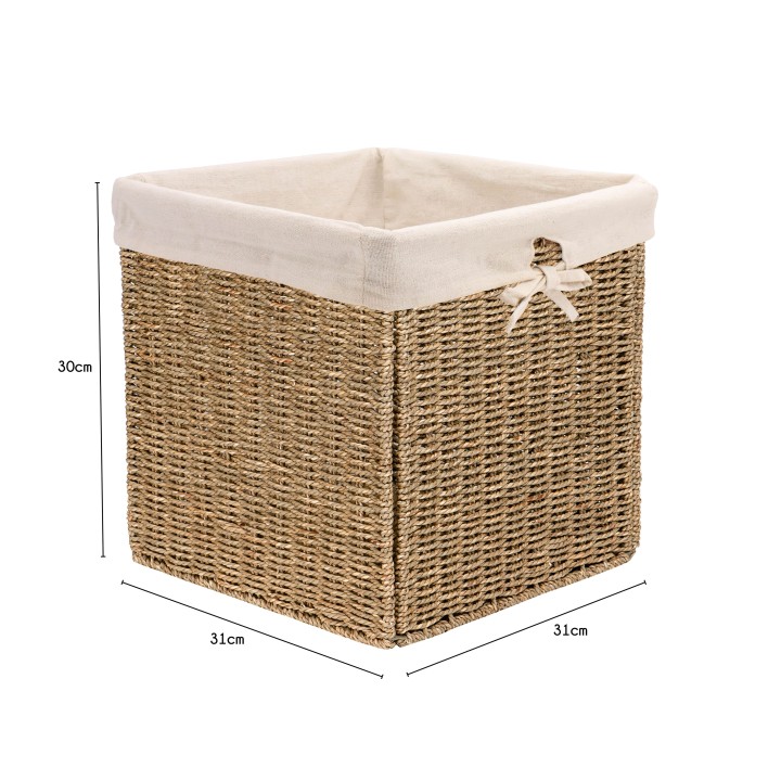 Panier cube de rangement en jonc de mer avec doublure