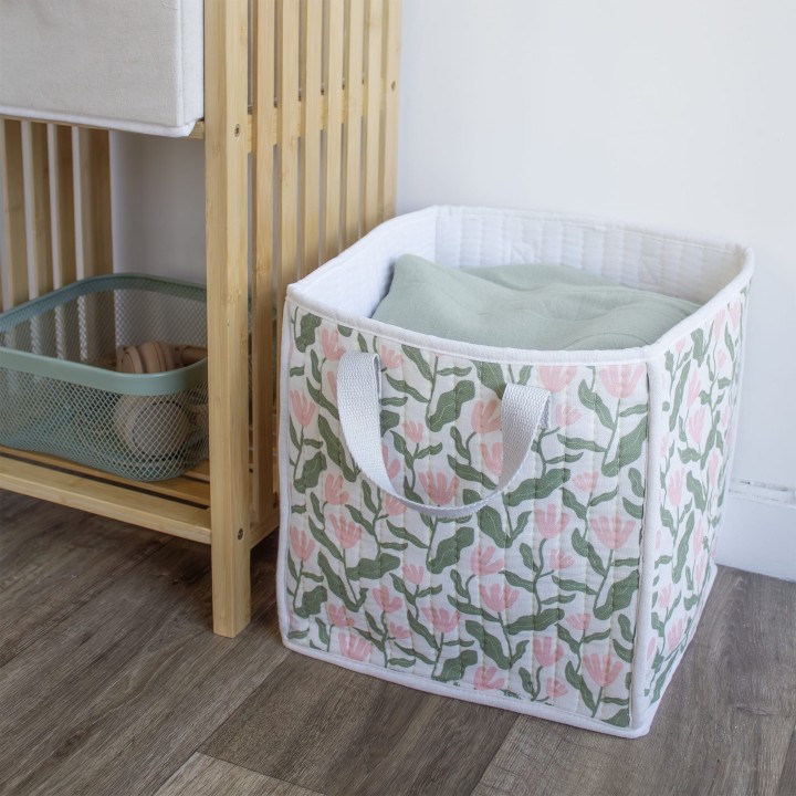 Cube de rangement matelassé en polycoton motif fleuri
