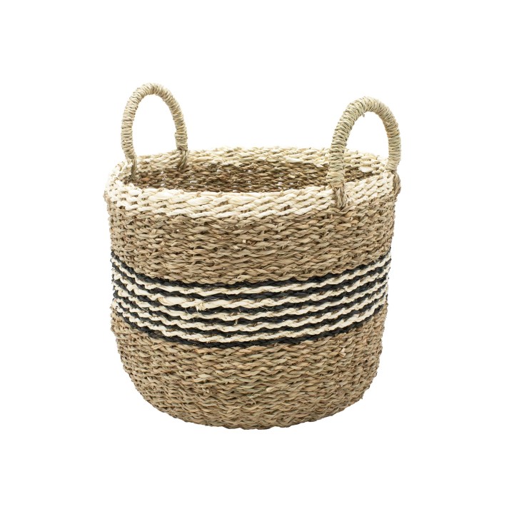 Panier rond bicolore en jonc de mer naturel et noir