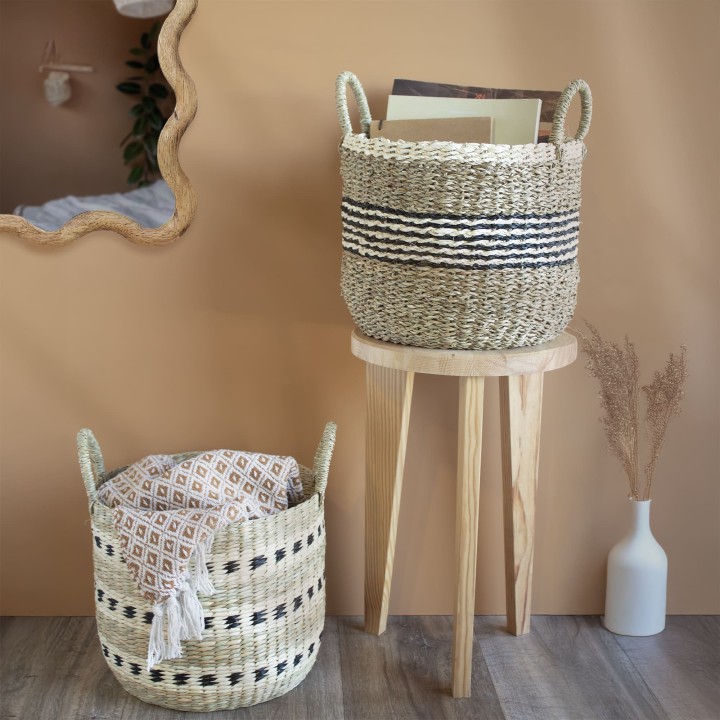 Panier rond bicolore en jonc de mer naturel et noir