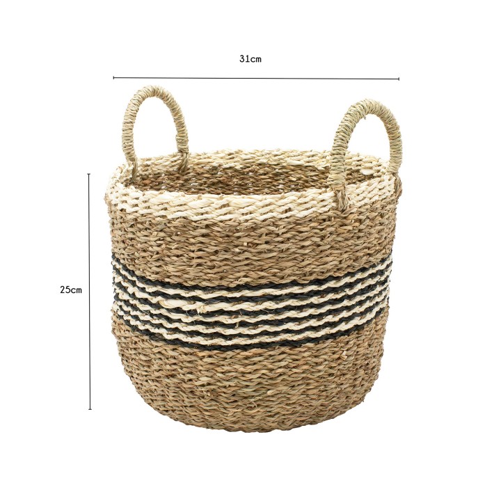 Panier rond bicolore en jonc de mer naturel et noir