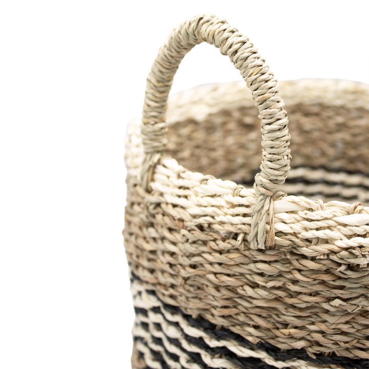 Panier rond bicolore en jonc de mer naturel et noir