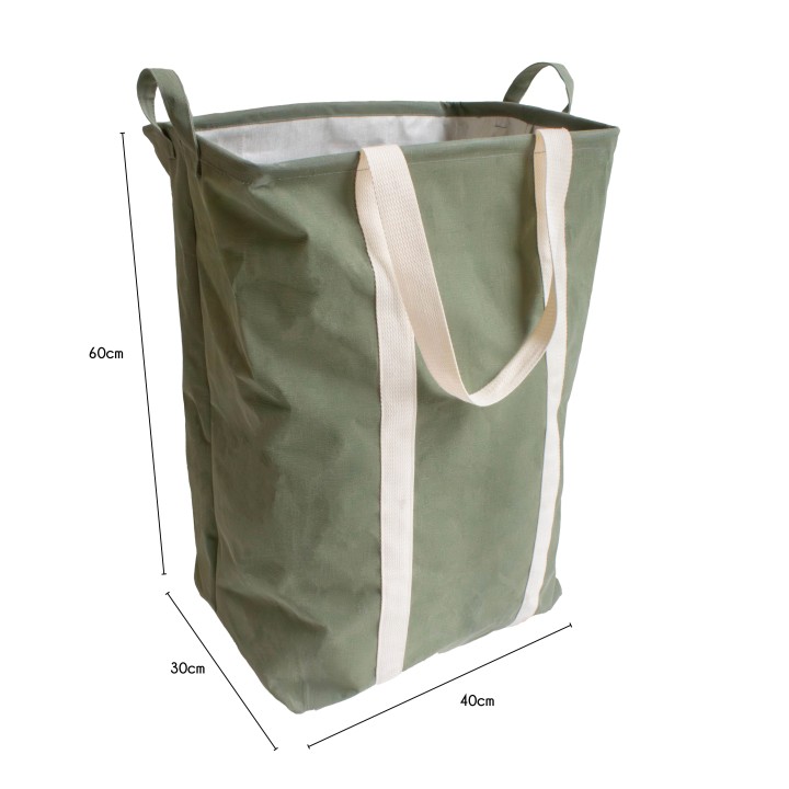 Panier à linge en polycoton vert et anses blanches