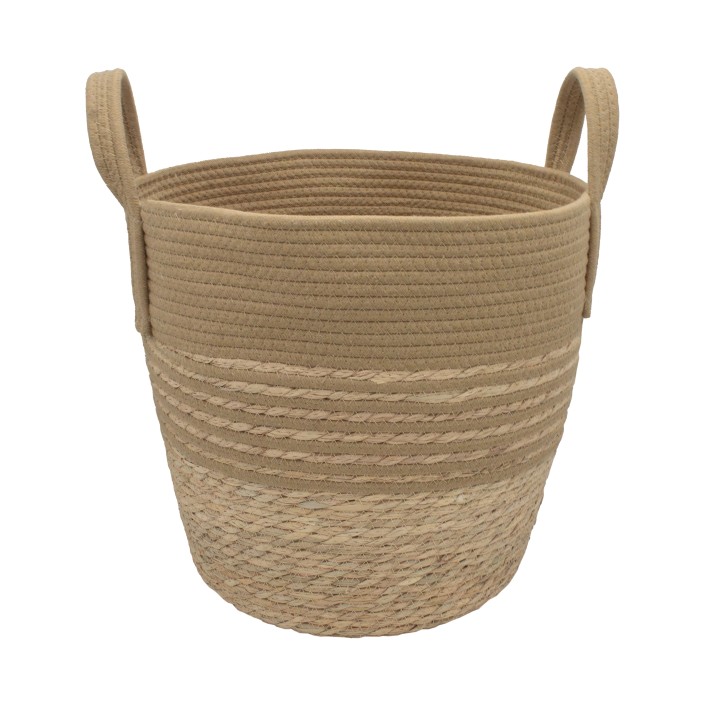 Panier à linge bicolore en jonc de mer ocre