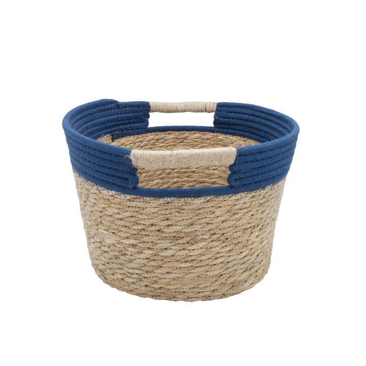 Panier en jacinthe d'eau bleu avec poignées en jute