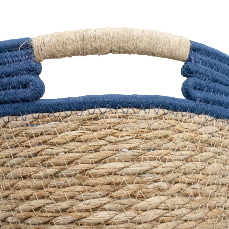 Detail of Panier en jacinthe d'eau bleu avec poignées en jute