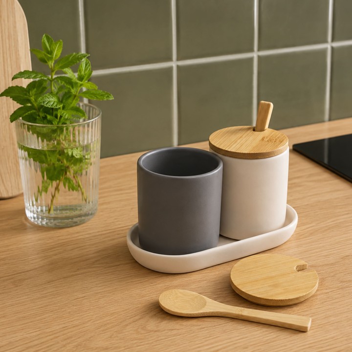 2 pots à épices en céramique et bambou