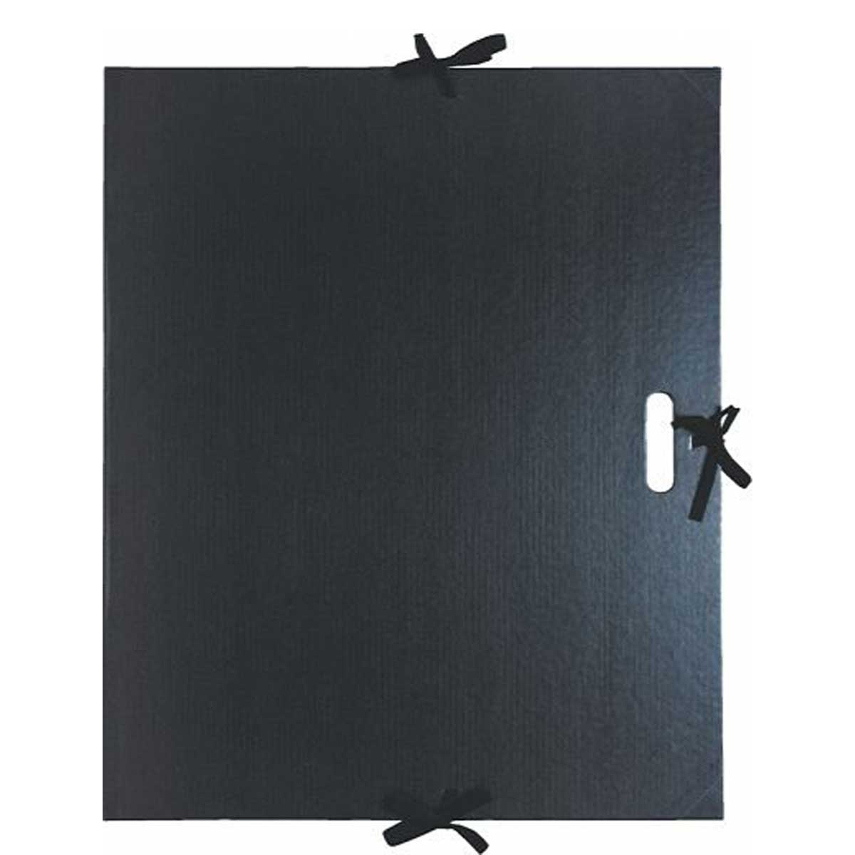 grand carton noir à dessin pour feuilles format raisin avec poignée de transport, coins en toilés et attaches en tissu