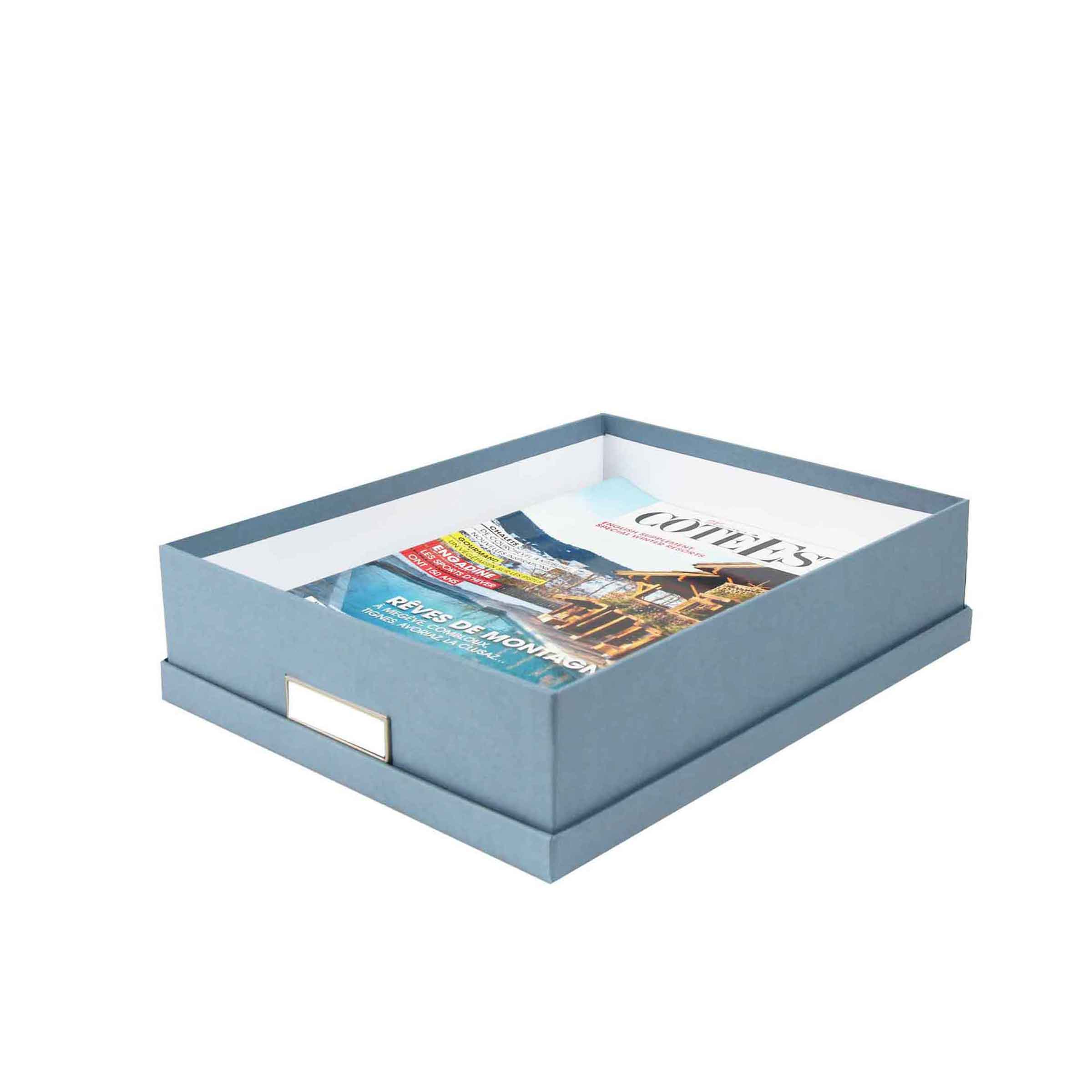boîte de rangement A4 basse en carton bleu gris avec porte étiquette et couvercle