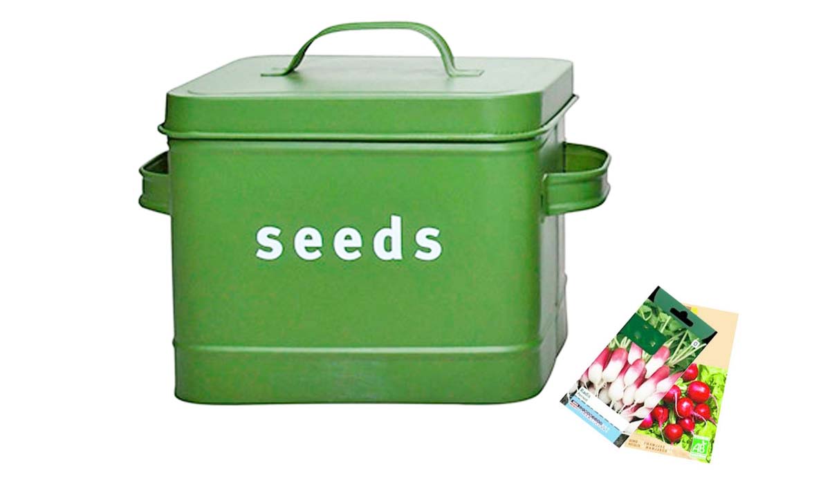 Boîte de rangement pour graines en métal vert
