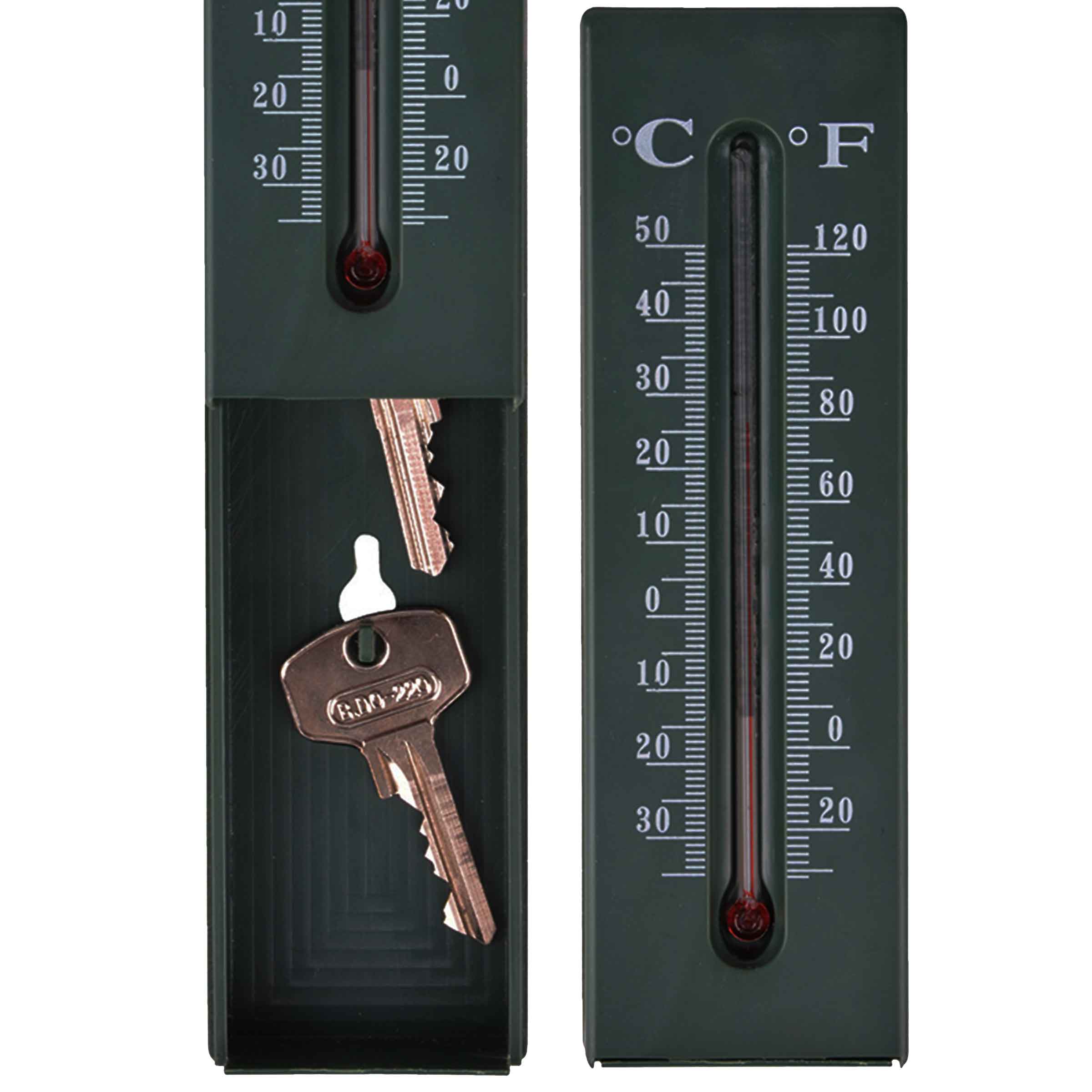 thermomètre cache clés en plastique vert avec 2 crochets intérieurs 