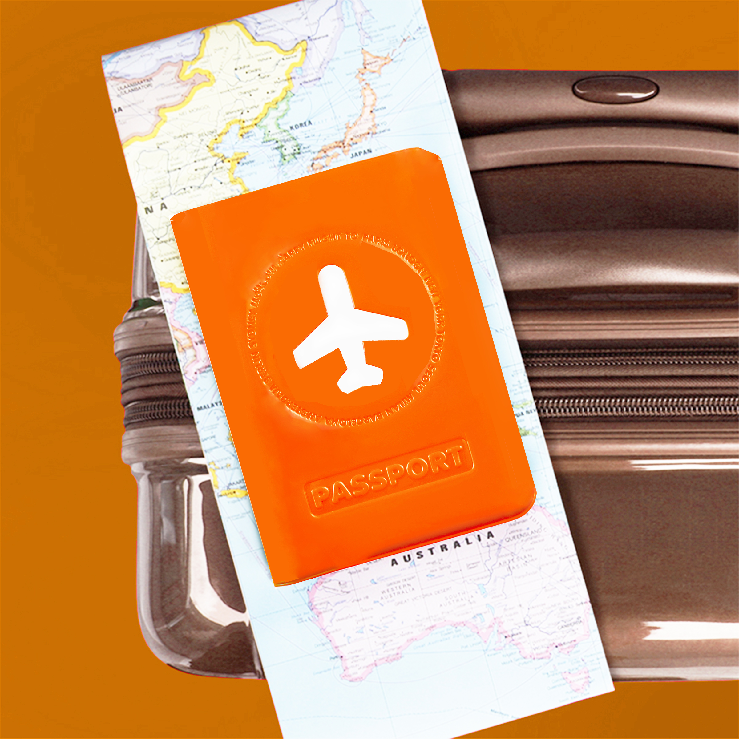 protège passeport en plastique orange brillant avec dessin avions blanc