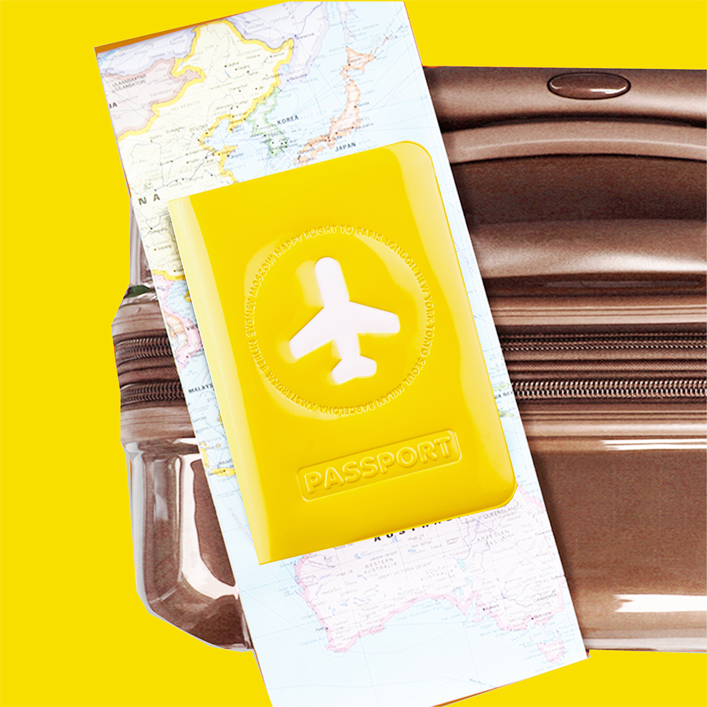 protège passeport en plastique jaune brillant avec dessin avions blanc