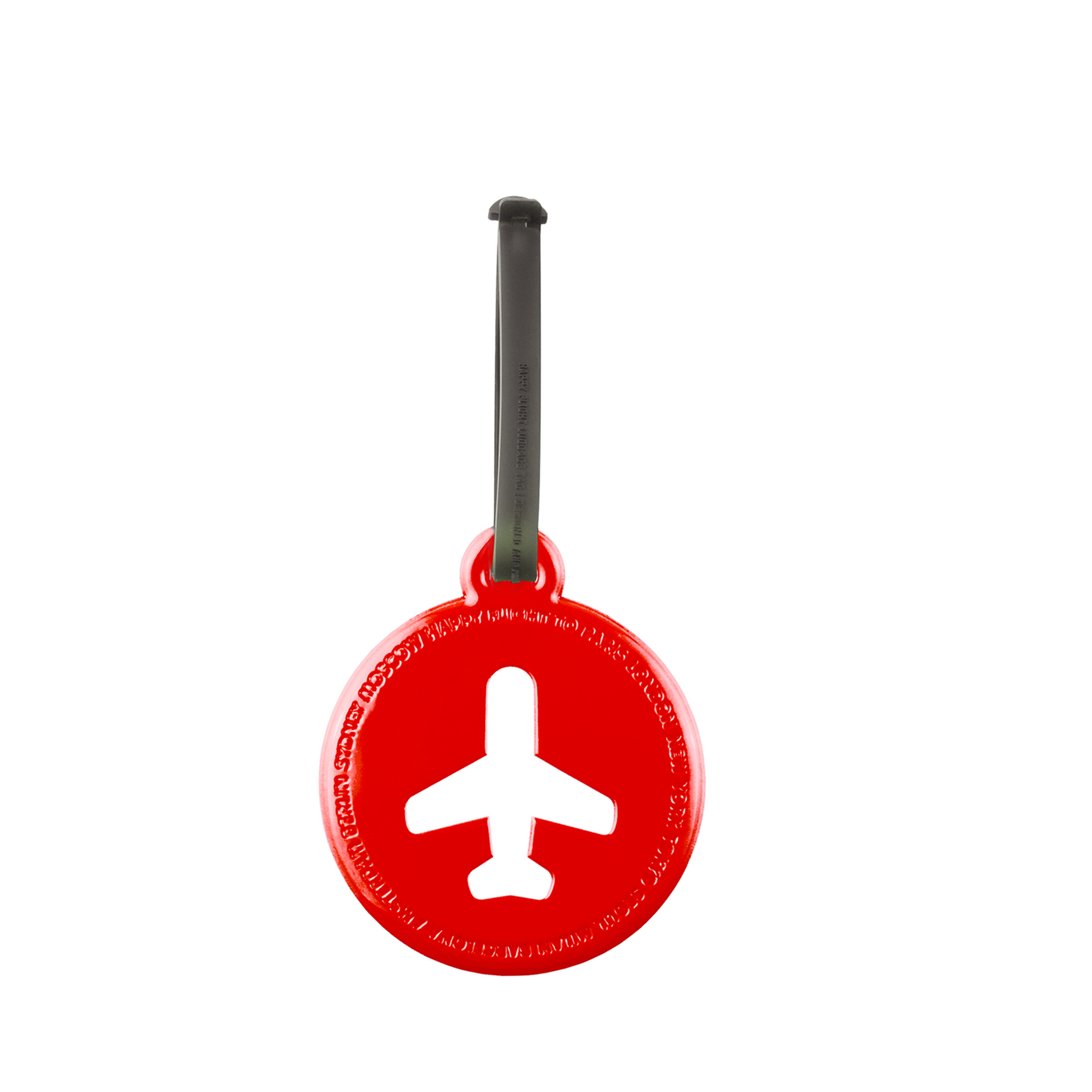 étiquette à bagage ronde en plastique brillant rouge avec avion blanc