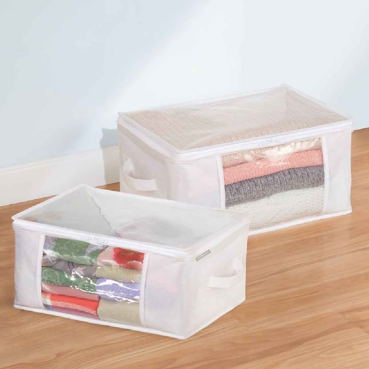 2 housses de rangement rectangulaires blanches en plastique transparent avec poignées