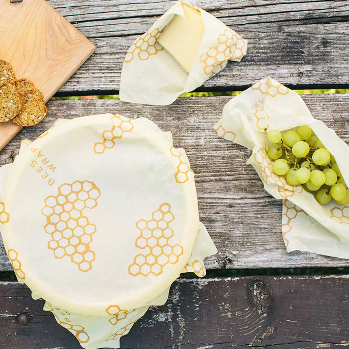 set de 3 films alimentaires réutilisables en tissu bio à base de cire d'abeille biodégradable et compostable